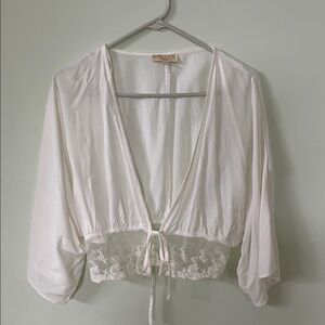 Rebellion Again Cream Lace-Trim Tie-Front Women's Top